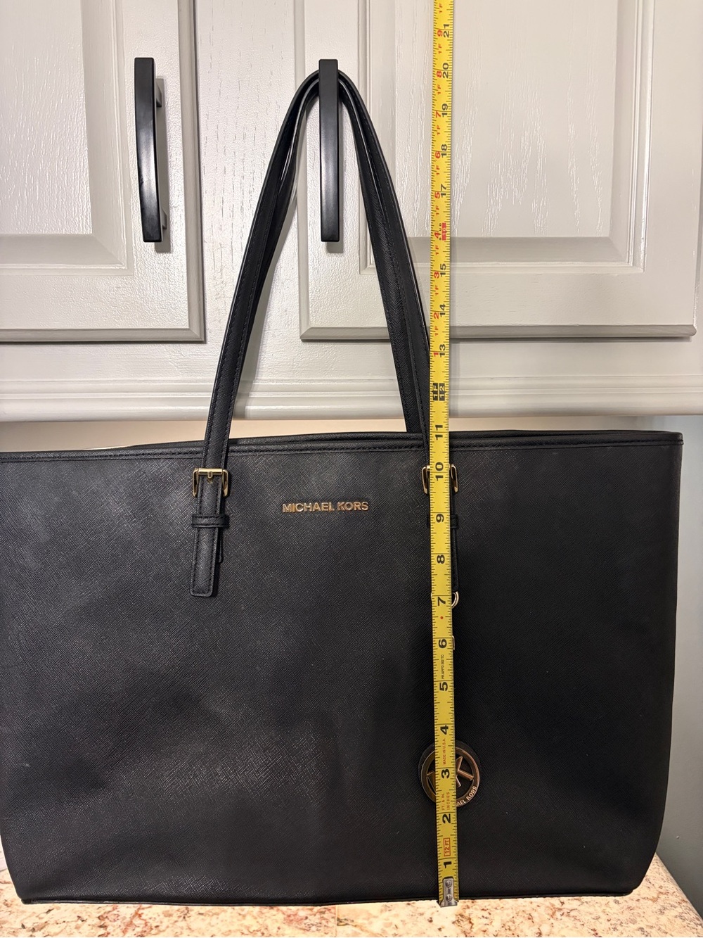 Michael Kors Black Leather Tote with Gold MK Charm - Picture 11 of 13